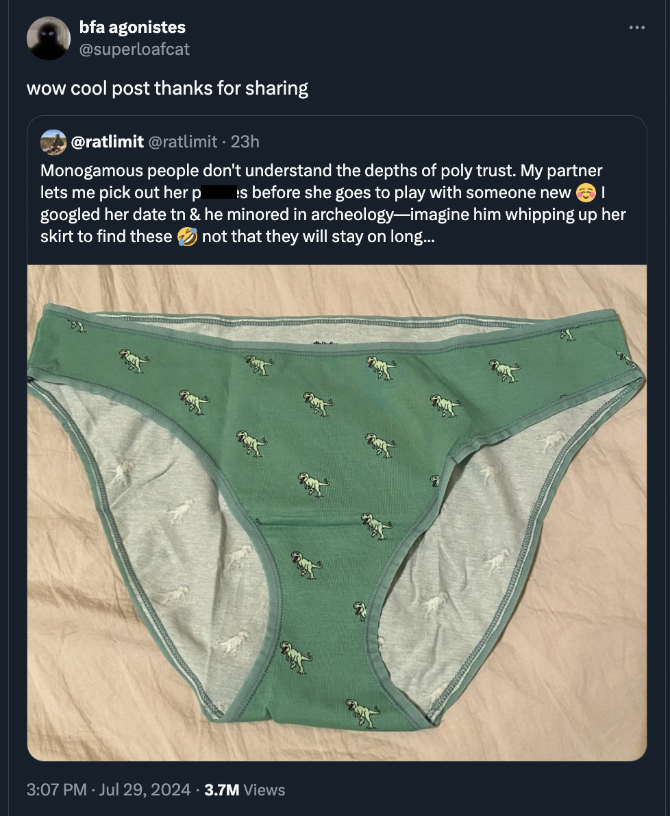 panties - bfa agonistes wow cool post thanks for sharing 23h Monogamous people don't understand the depths of poly trust. My partner lets me pick out her ps before she goes to play with someone new I googled her date tn & he minored in archeologyimagine h